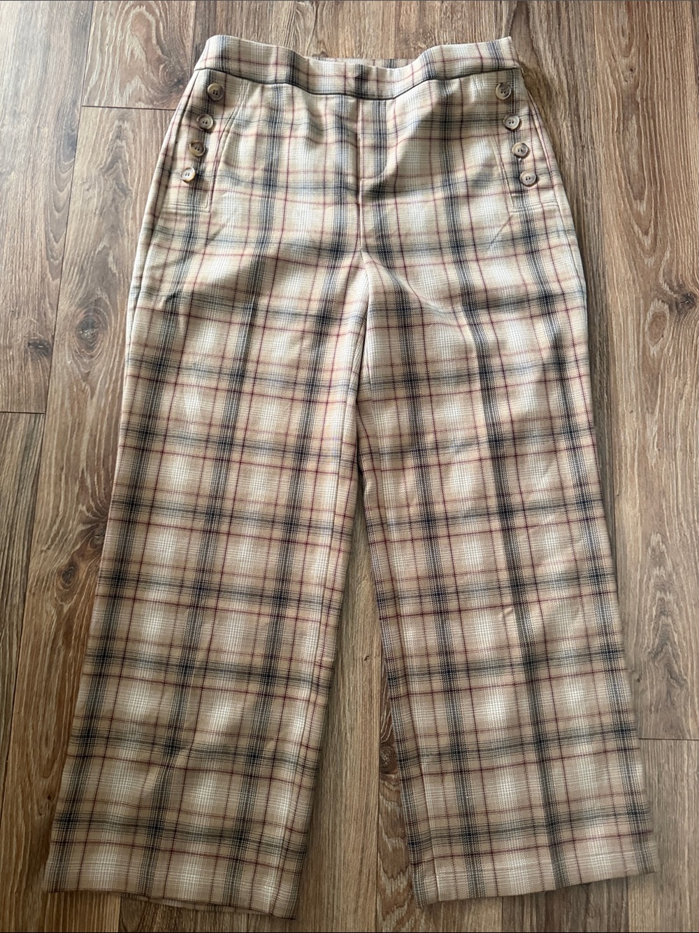 LOFT Cream and Tan Plaid Wide-Leg Chinos
